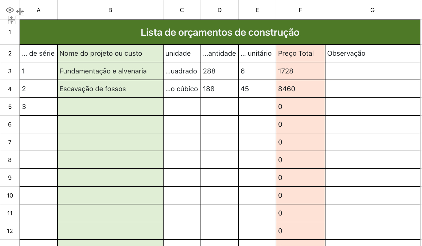 Tabela de orçamentos de construção (estatística automática)